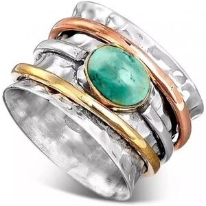 New 8 Boho Turquoise Natural Wide Metal Vintage Ring‎ Band Silver Tunnel